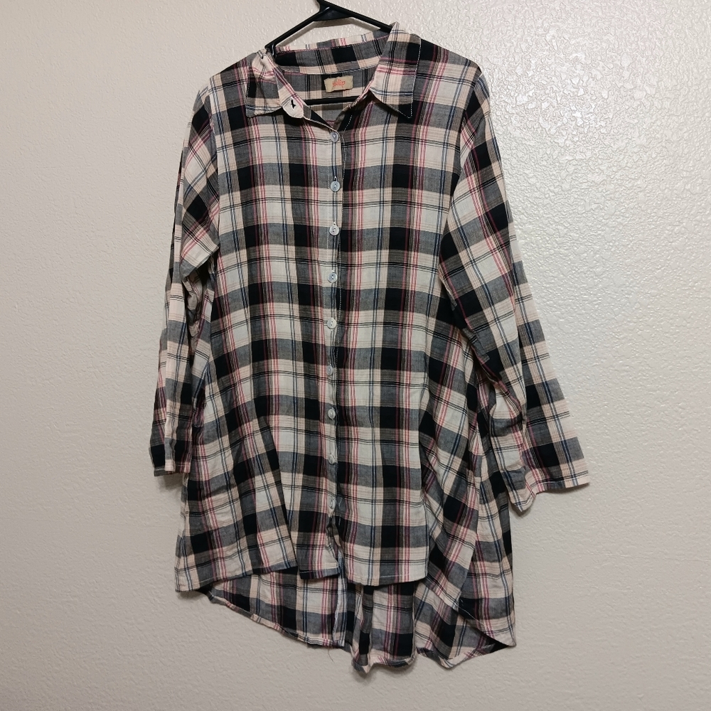 Tulip Brand Blue Beige Red Plaid Oversized Button Front Tunic Shirt Top